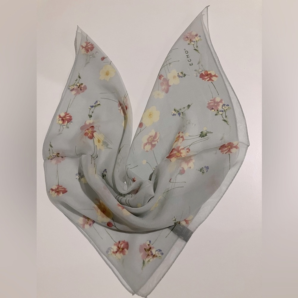 100% Silk ECHO silk scarf bandana flora blue gray